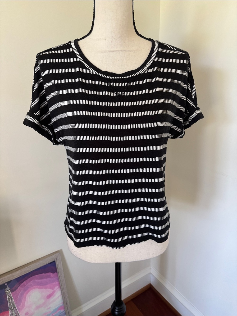 Alfani Intimates Women’s Black and White Striped Short Sleeve Top XS
